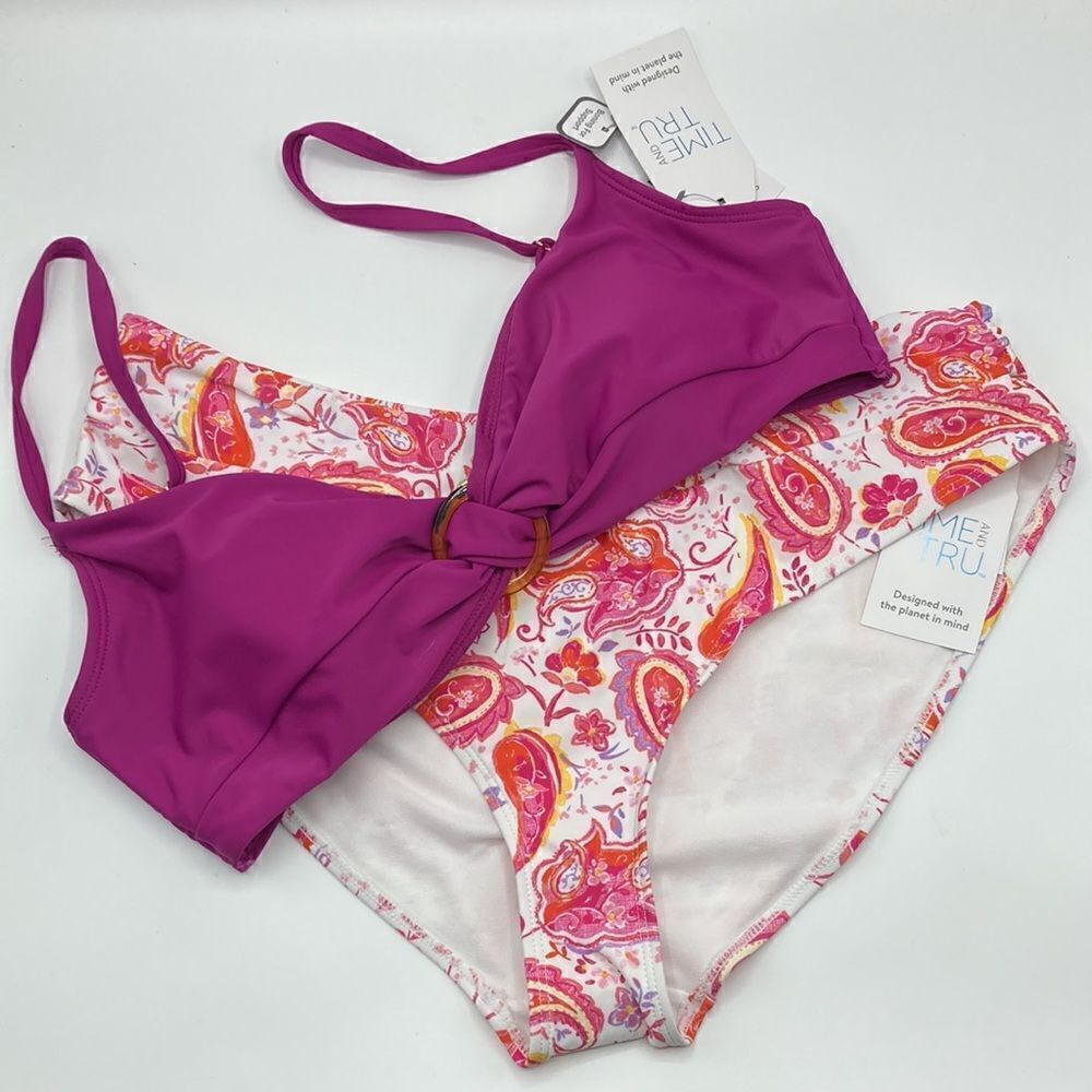 Women's Solid Top & Mid Rise Paisley Bikini Swimsuit Bathing Suit Bottoms Size L